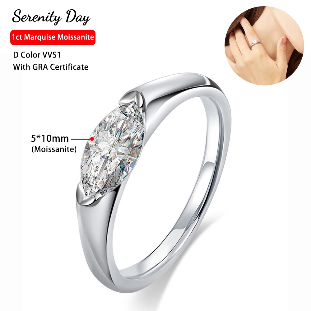 Serenty D Color 1ct 5*10mm Marquise Cut Moissanite Rings For Women Wedding S925 Silver Band Diamond Ring Plated 18K Fine Jewelry