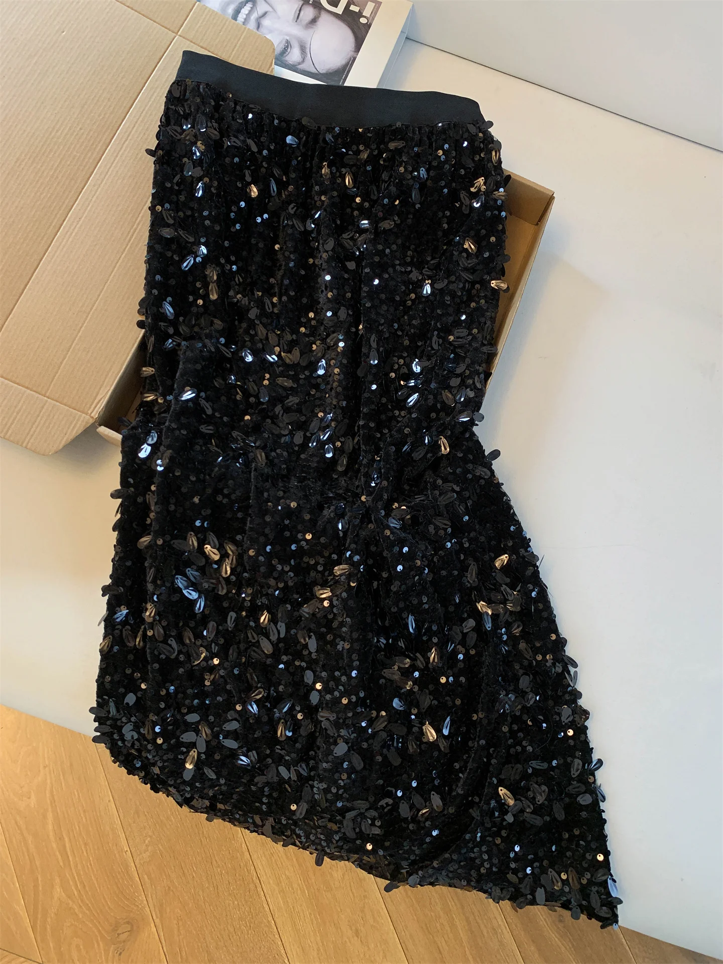 anzhou Guangzhou Heavy Work Small Fraance Sle Glittering f Rock Mittellanger A-Linien-Rock für Damen mit Schlitz für Freizeit...