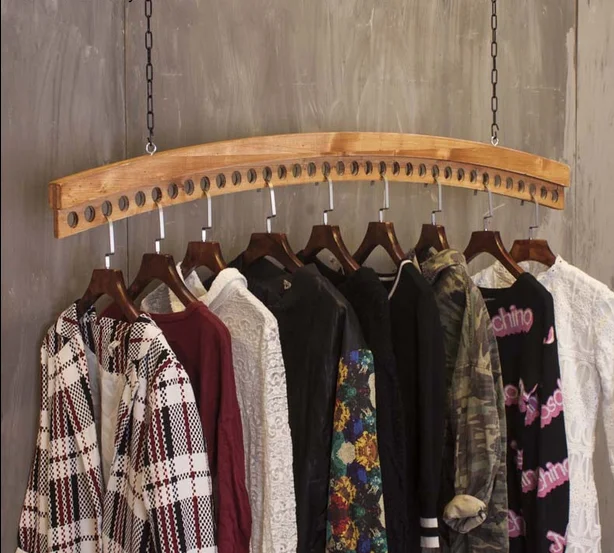 Clothes shop display shelf wall retro solid wood clothes rack clothing rack clothing rack hanger