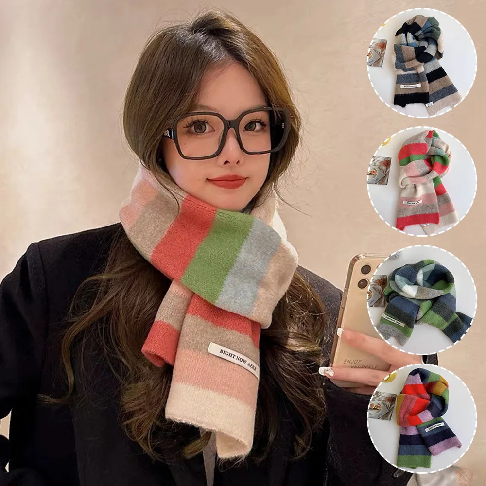 Winter Warm Striped Knitted Scarves Women Rainbow Wool Knit Neck Scarf Thick Neckerchief Cashmere Shawl Head Scarves Wrap