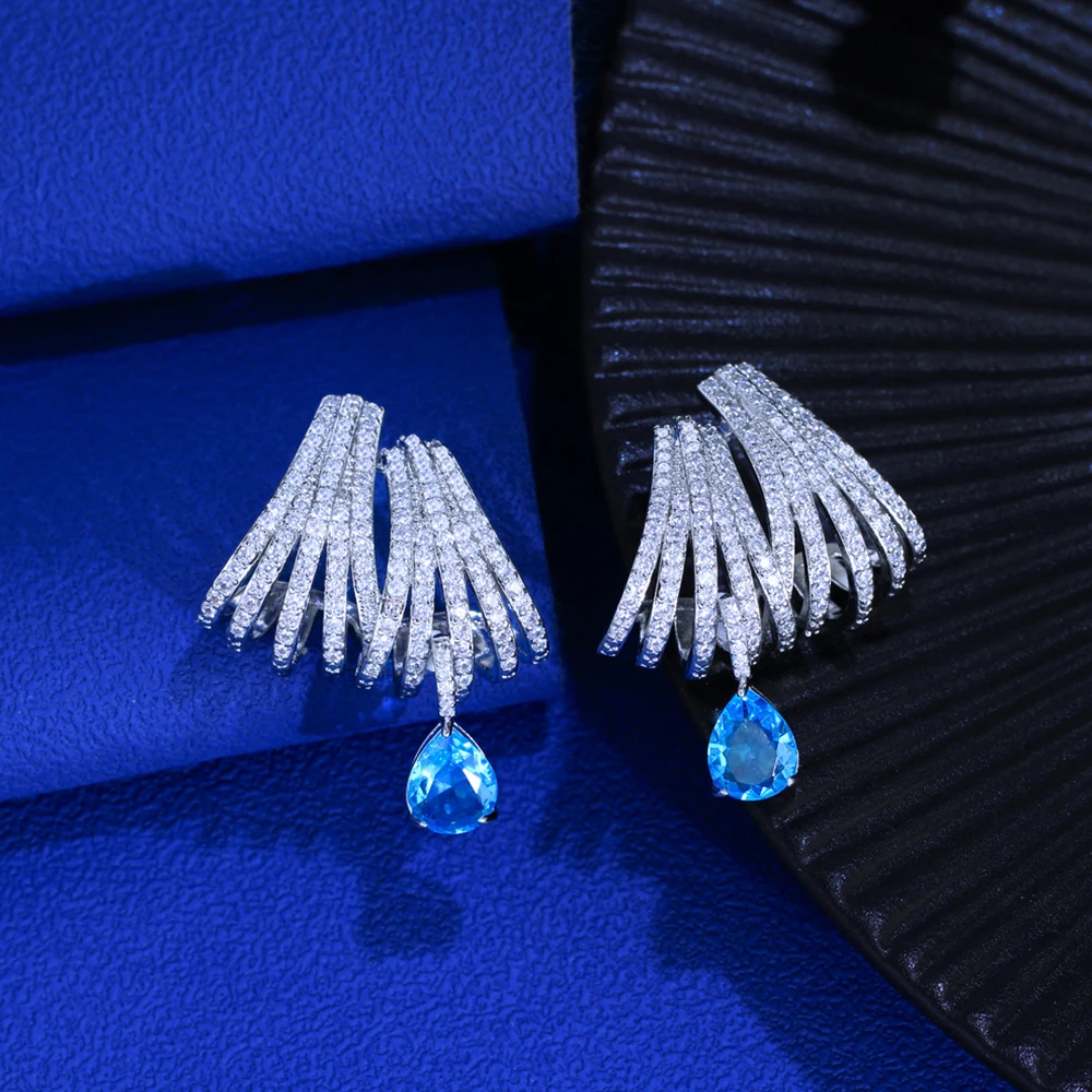 BeaQueen Fan Shape Full Pave CZ Light Blue Zircon Drop Earrings Luxury Statement Earrings Women Wedding Banquet Jewelry E752