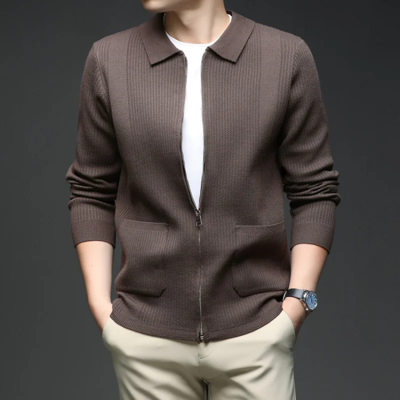 خريف شتاء جديد سستة بدوره إلى أسفل طوق سترة أعلى منتصف العمر والشباب محبوك سترة مع جيوب فضفاضة عادية J