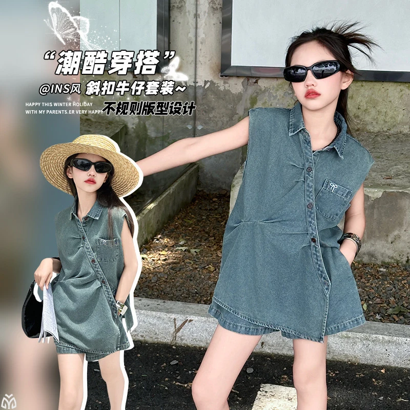 

Новый модный летний комплект для девочек: джинсовые шорты и стильный топ, детская одежда 2026 года