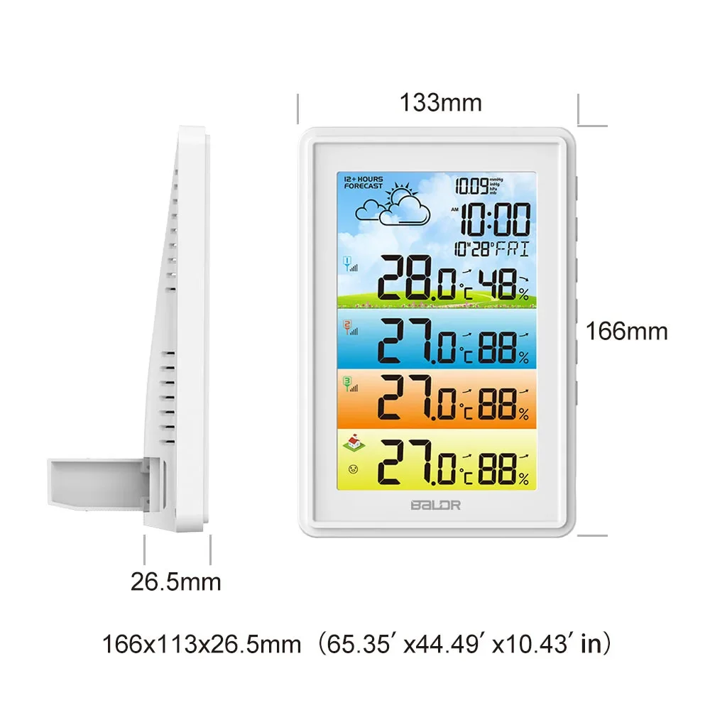 Wireless Colorful Weather Station Digital Indoor Hygrometer Thermometer Barometer Forecast Trend Moon Phase Alarm Clock 3 Sensor