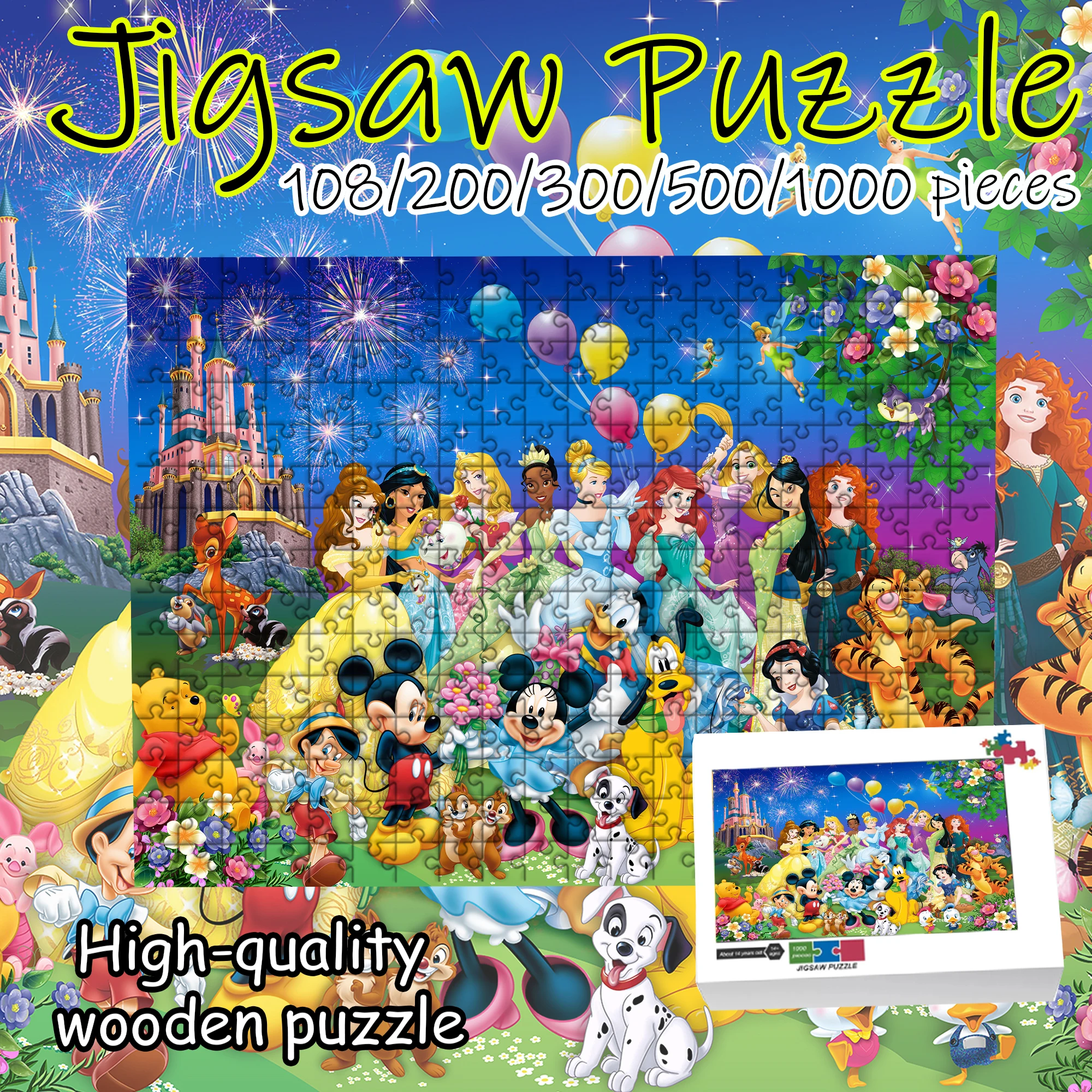 

Mickey, Minnie, Snow White, Ariel 108/200/300/500/1000 pieces wooden floor puzzle game, party portable high-quality gift, fun