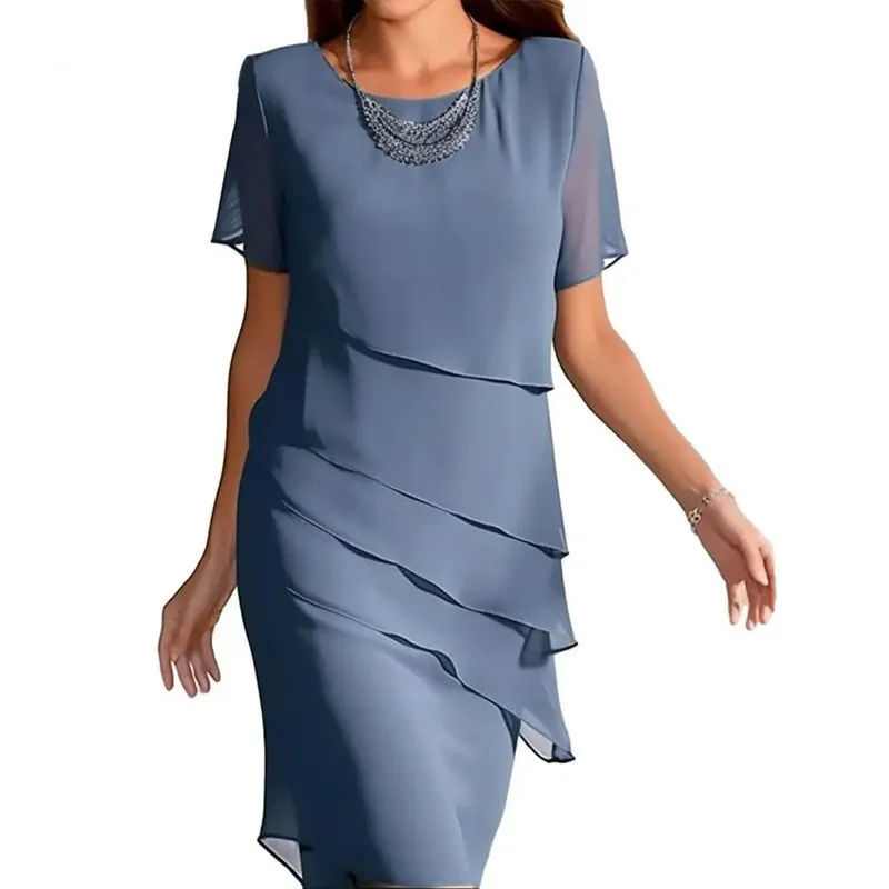 Spring Summer Women Party Dress Street Fashion Chiffon Short Sleeve Round Neck Layered Asymmetrical Solid Color Dress
