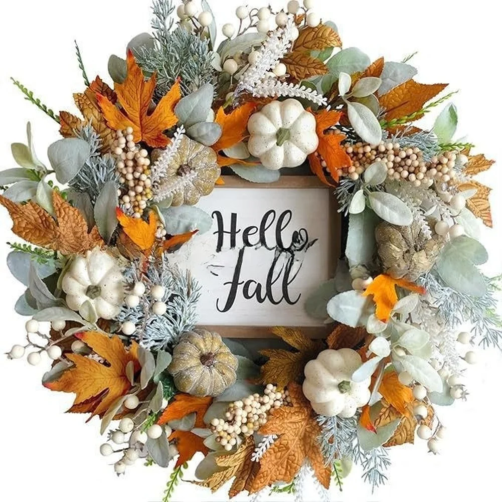 Artificial Pumpkin Maple Leaf Autumn Wreath with Wooden Sign and Berries for Door Hanging Outdoor Indoor Use 45cm Size