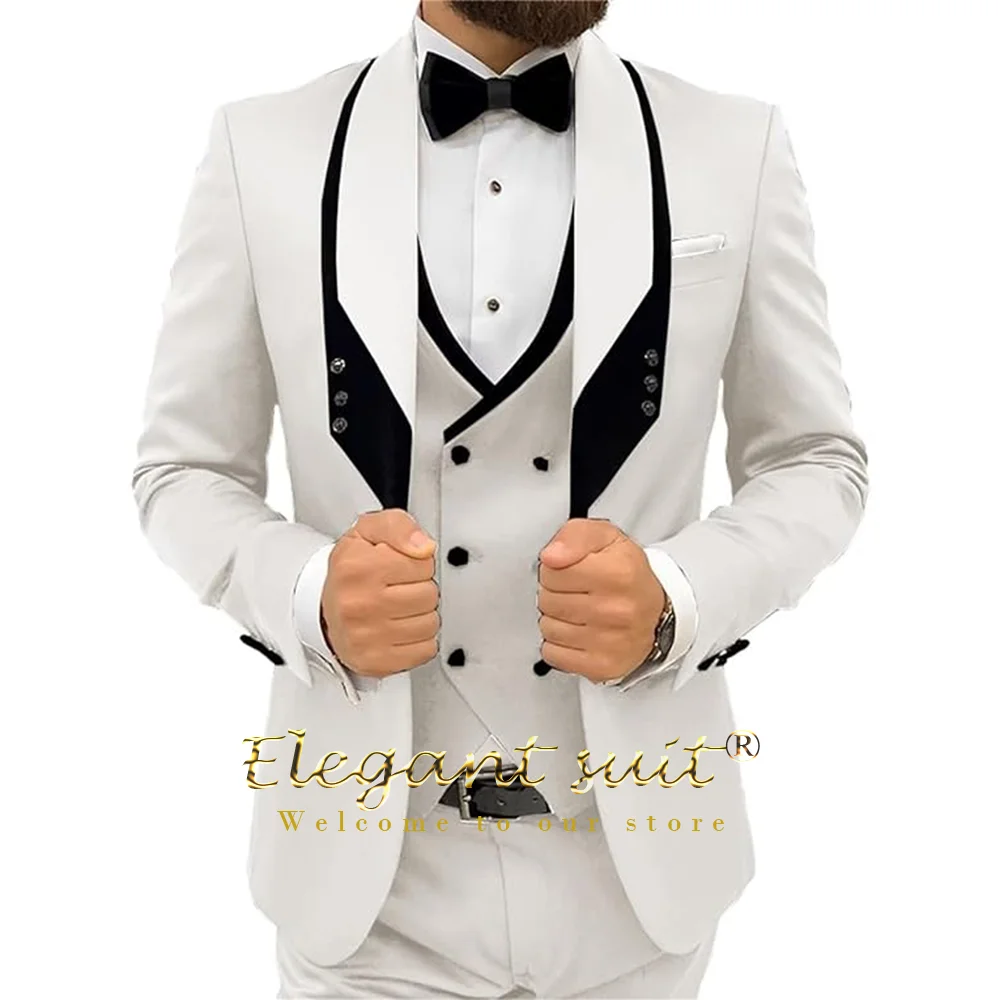 

Men's black collar 3 piece suit (single button jacket vest and trousers) custom wedding groom dress elegant slim fit tuxedo