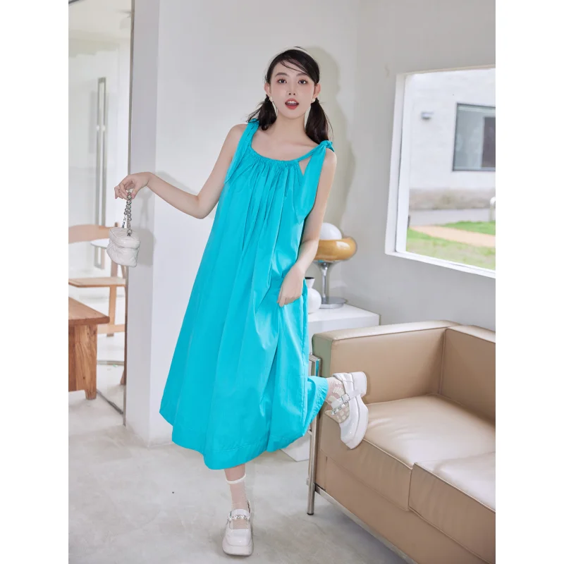 Summer Blue Dress Womens Straps Dress Solid Sleeveless Sexy Korean Fashion Y2K Suspender Simple Temperament Longuette Dress