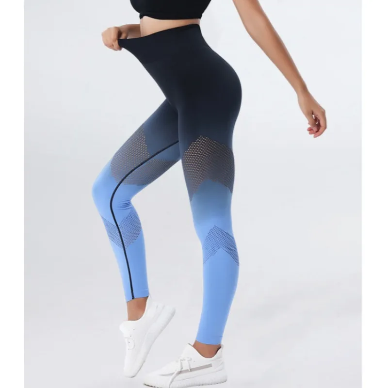 Summer Women High Waist Gradient Leggings Hollow Sweatpants Hip Lifting Tight Sexy Yoga Gum Pants Running Sports Cycling Trouser