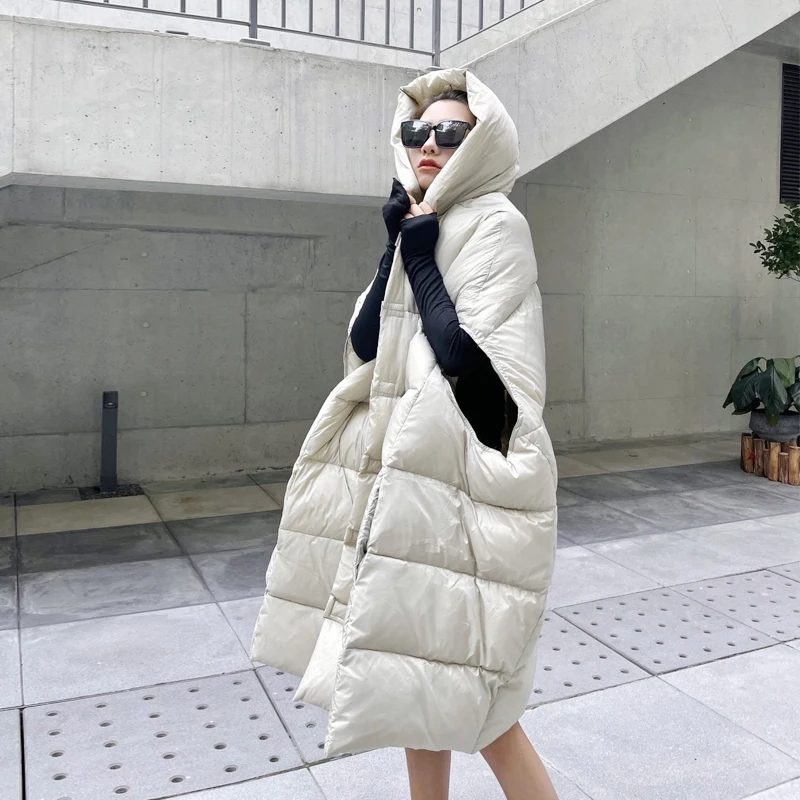 Luxury 90% white duck down jacket waistcoat for women Oversized Winter Thickened fluffy Hooded vest Overcoat INKEO 2O136