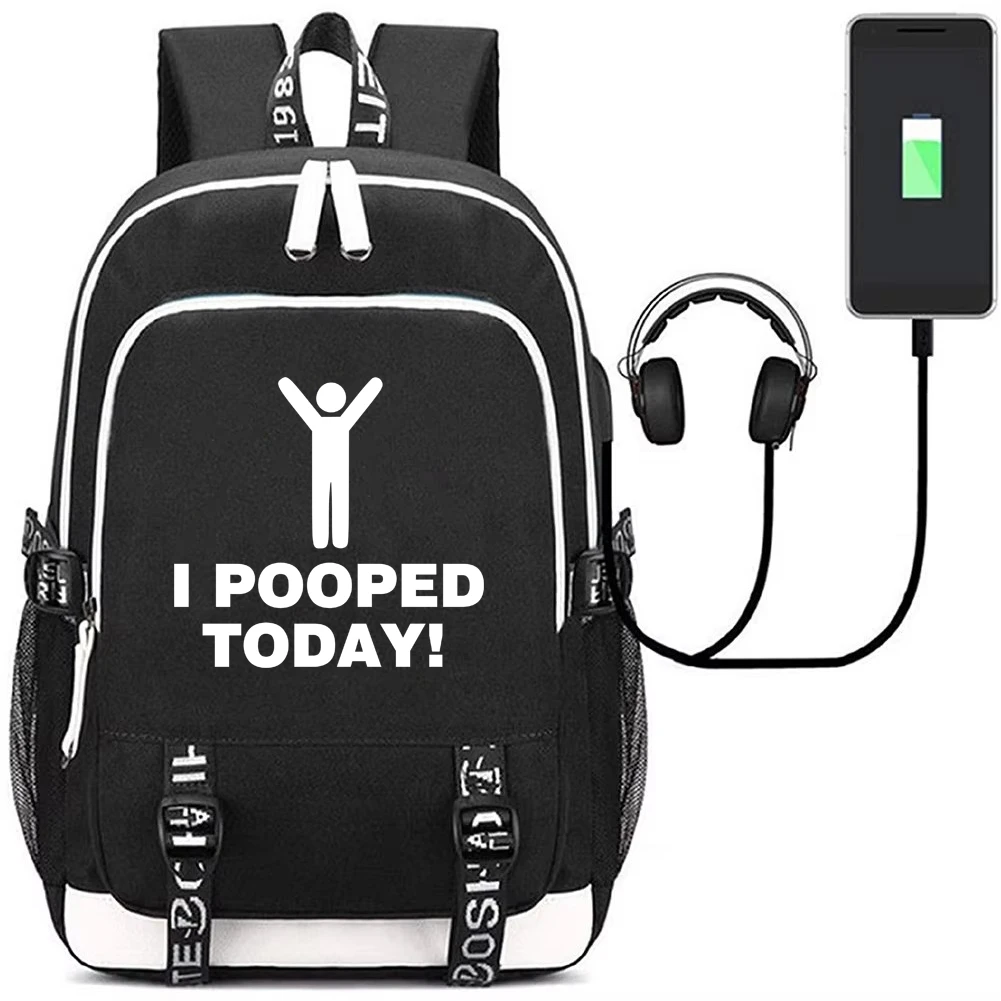 I Pooped Today Backpack with USB Charging Port Bookbag Funny Meme Laptop Bag School for Students Mochila