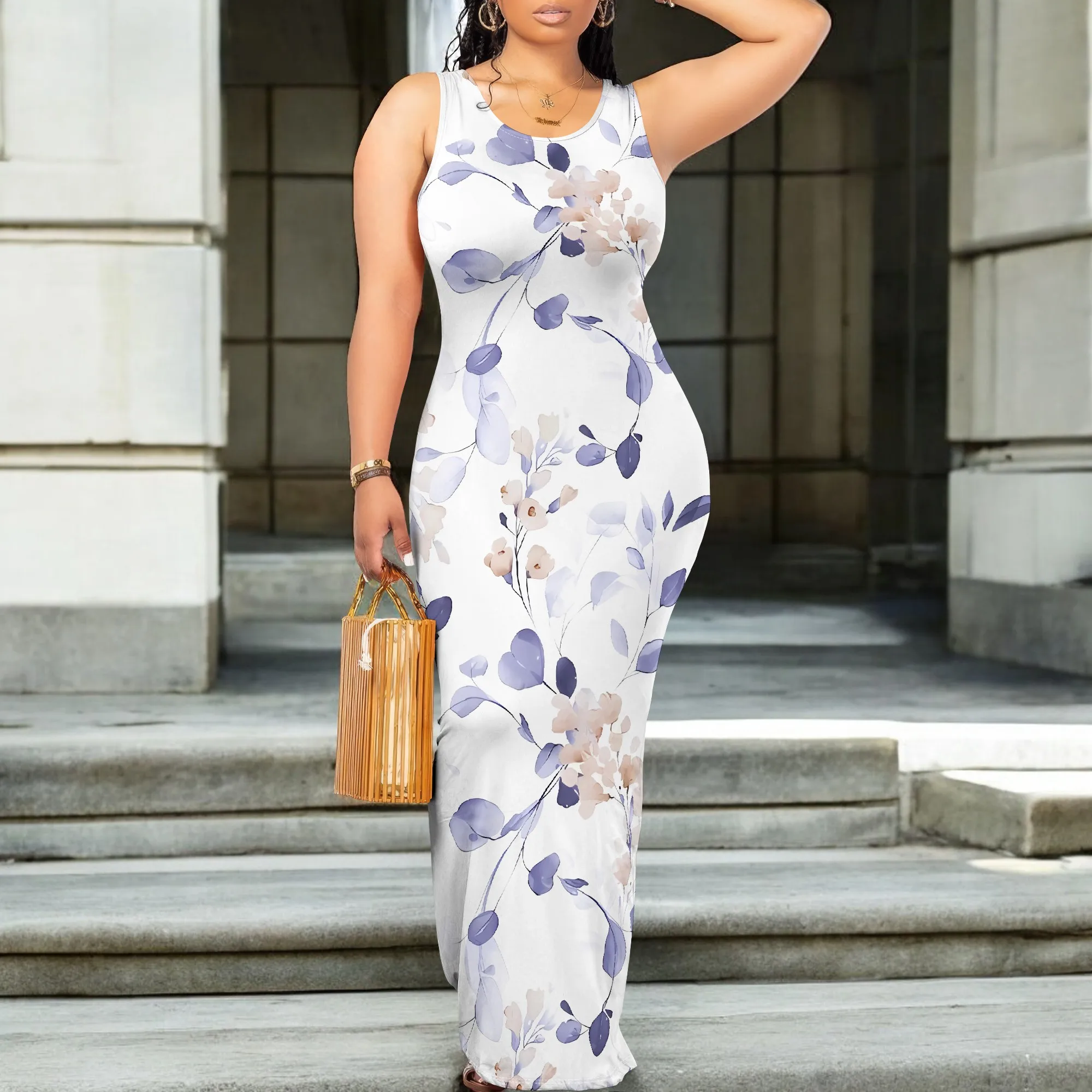 

EQQZD Sophisticated Round Neck Sleeveless Maxi Dress, Traditional Floral Print Design Fitted Dress