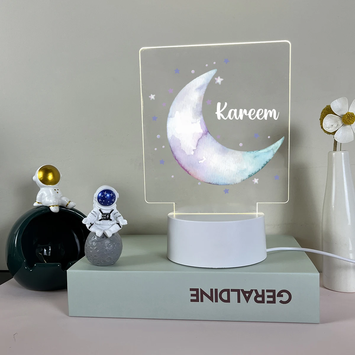 1PC Cartoon Moon Custom Name Night Light For Kids Room Decor Personalized Name Acrylic Led Night Lamp