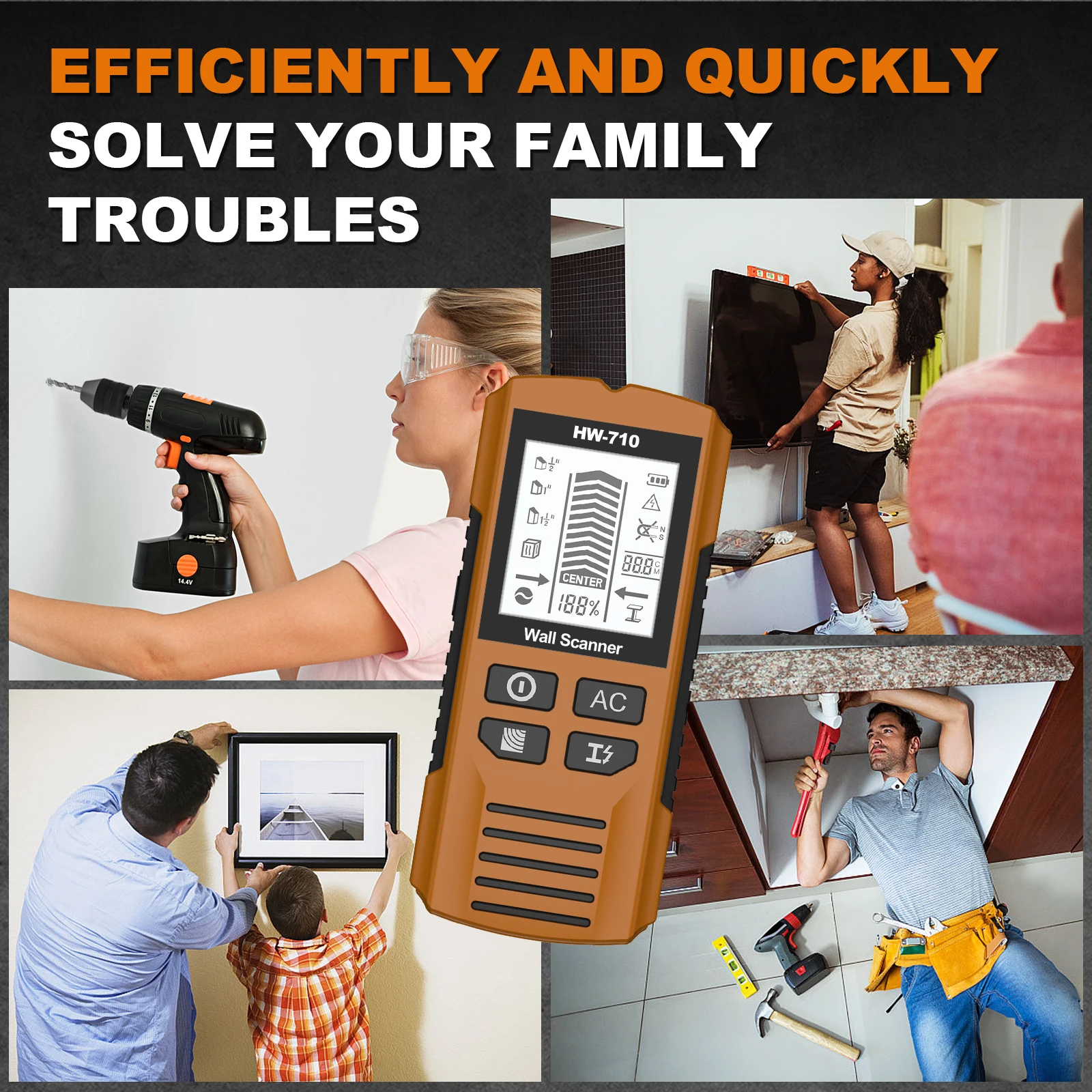 HW-710 Multifunctional Wall Stud Finder, Handheld Metal Wood AC Cable Detector with Depth Tracking Function