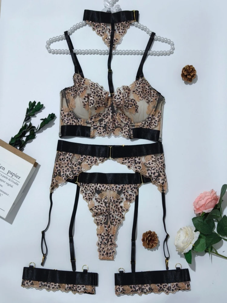 

Bikini Sexy Women's Embroidered Halter Leopard Print Sheer Mesh Patchwork Lingerie Set