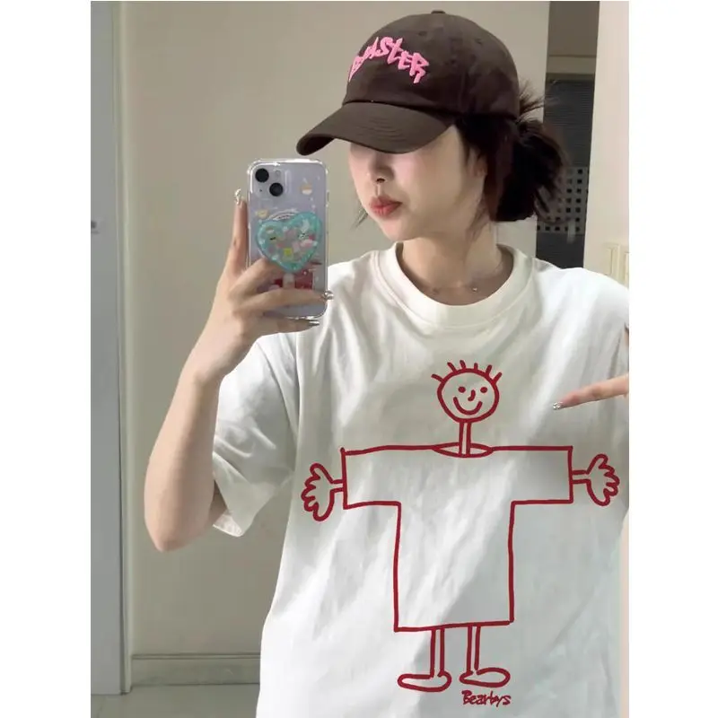 

American Ins Design Sense Printing Niche White Short Sleeve T-shirt Summer Women's 2025 Loose High Street Half Sleeve Top