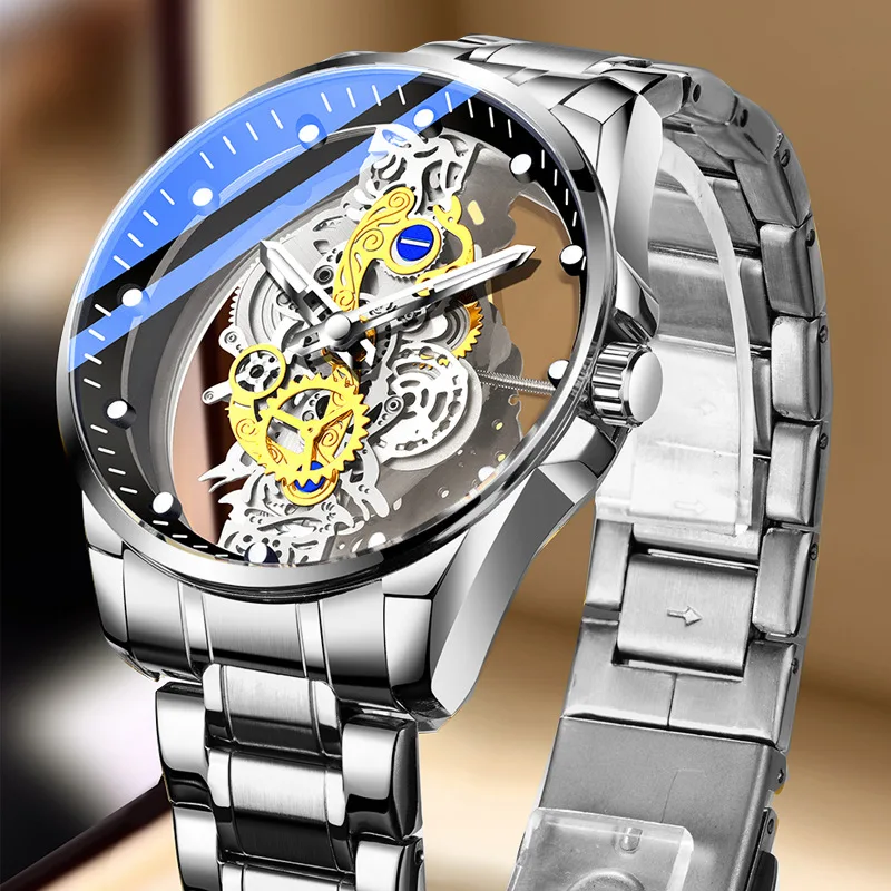 New Men\'s Watch Double Sided Transparent Hollow Waterproof Luminous Quartz Watch Tiktok Clock Watch for Men Luxury Belt