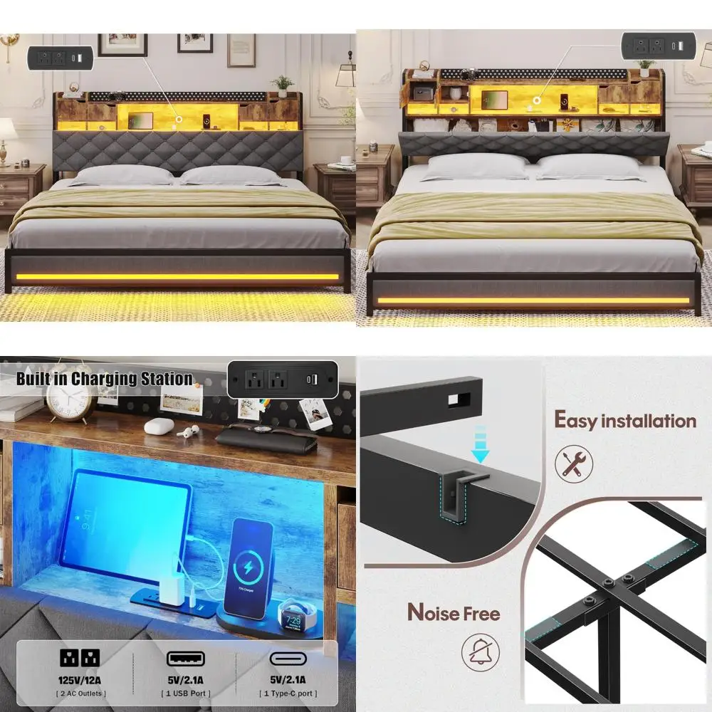 King Size Bed Frame with Padded Headboard Storage and Smart LED Lighting, King Bed with Charging Station