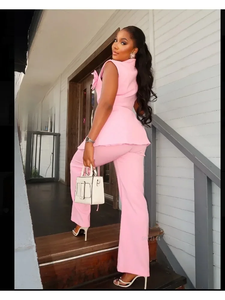 

Chic Summer Women's Fashion Set Sleeveless Floral V-neck Blazer Top And Wide Leg Pants 2-Piece Outfit 2025 Trendy Casual Wear