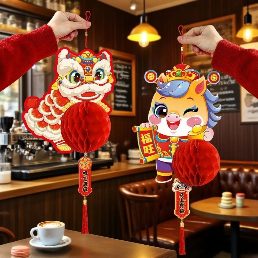 

Chinese Style 2026 New Year Red Paper Lantern Traditional Blessing Horse Year Hanging Pendants Cartoon Festive