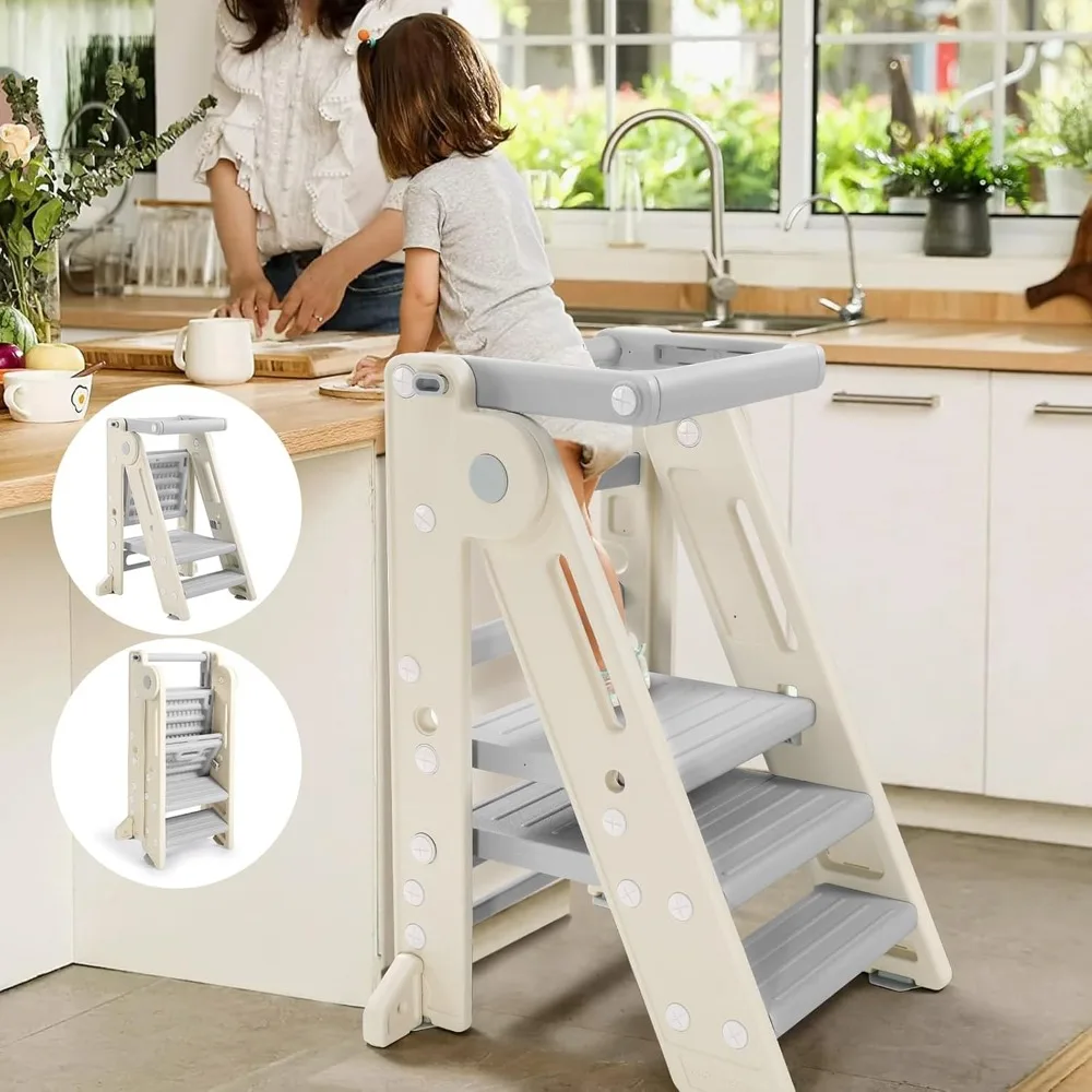 

Gimars Foldable Toddler Kitchen Step Stool Helper for Kids Ages 2-6, Lockable,Anti Fall Montessori Toddler Tower for Learning