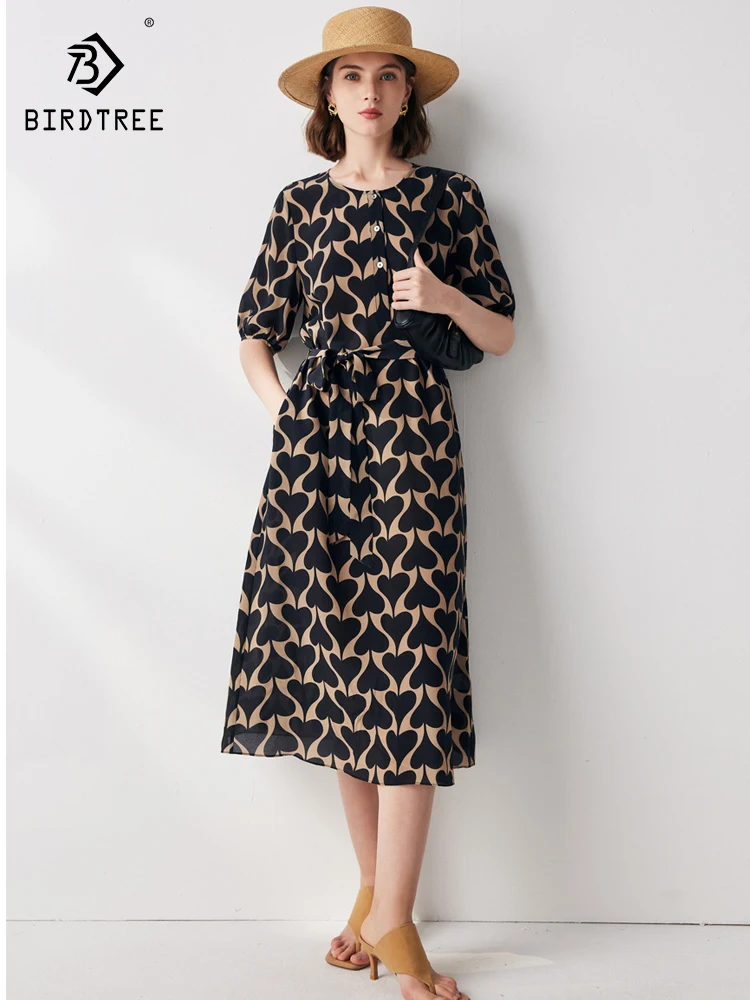 

Birdtree 100%Mulberry Silk Short Sleeved Dress Women's 2023 Summer New O-Neck Loose Breathable Double Crepe Print Dress D37487QC