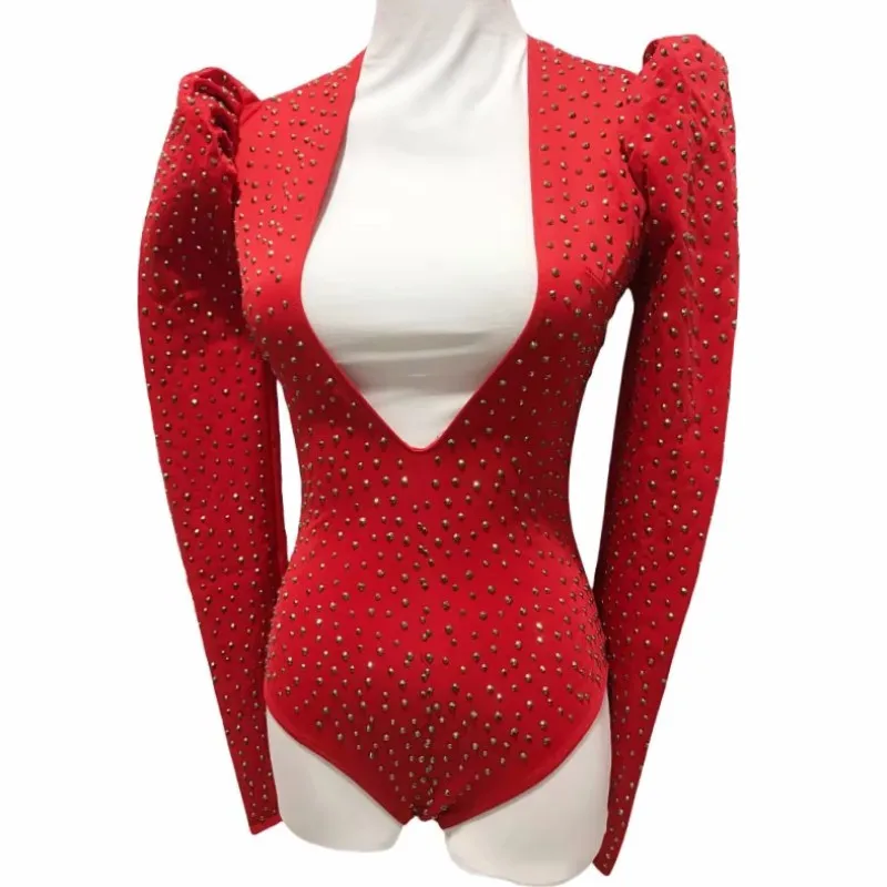 Body Sexy con cuello en V y diamantes de imitación para mujer, leotardo de cristal para fiesta en club nocturno, DJ, bailarina, cantante, Bar, actuación en el escenario