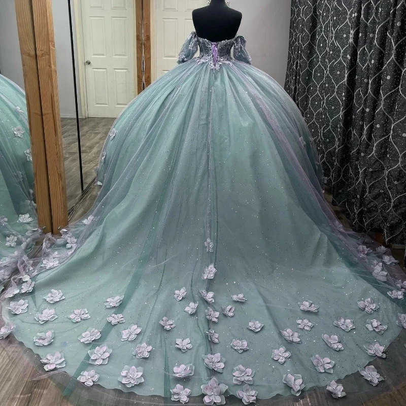 Light Green Bling Quinceanera Dresses Mexican Sweetheart Off-The-Shoulder Short Sleeve Applique 3DFlower Ball Gowns Puffy Vestid