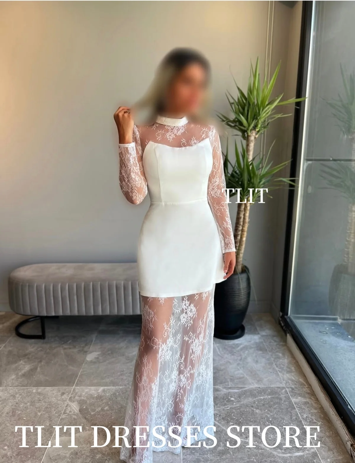 TLIT 우아한 블랙 레이스 새틴 이브닝 드레스 일반 긴 레이스 소매 레이스 밑단 오-넥 댄스 파티 드레스 맞춤형 فساتين