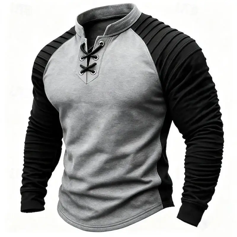 2026 Spring Autumn Mens Cowboy T-Shirt Fashion Vintage Suede Patchwork Stand Collar Pull On Drawstring Tshirt Man Outdoor Casual
