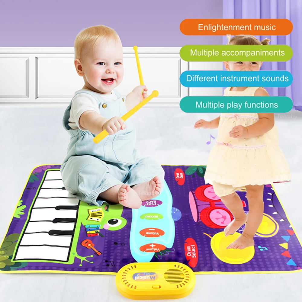 2 In 1 Piano Mat for Kids Toddler Piano & Drum Mat with 2 Sticks Music Touch Play Carpet Music Instrument Education Toys Gift