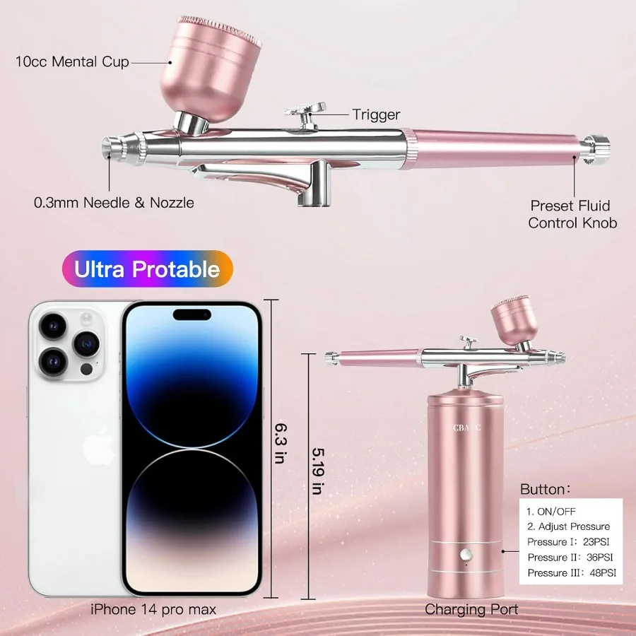 ชุดพ่นสีแอร์บรัชพร้อมคอมเพรสเซอร์ 48PSI แรงดันสูง ไม่ติดอุดตัน ชุดพ่นสีไร้สายแบบชาร์จไฟได้ หัวฉีดขนาด 0.3 มม. พร้อมอุปกรณ์ทำความสะอาด