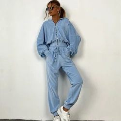 Women's Fall and Winter 2024 hot fashion set zipper hoodie Drawstring Tracksuit Trouser Solid color Two-piece set
