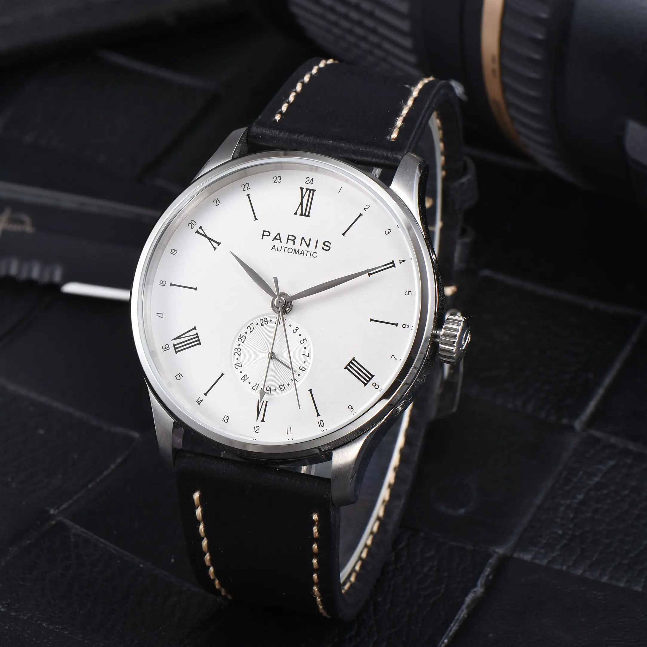 

Fashion Parnis 41.5mm White Dial Automatic Mechanical Men's Watches Leather Strap Sports Watch For Men reloj hombre Man Clock