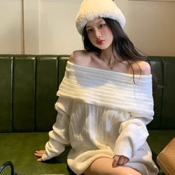 Women Autumn Winter New Sweater Korean Sexy Off Shoulder Casual All Match Loose Knitted Pullover Female Slash Neck Jumpers Top