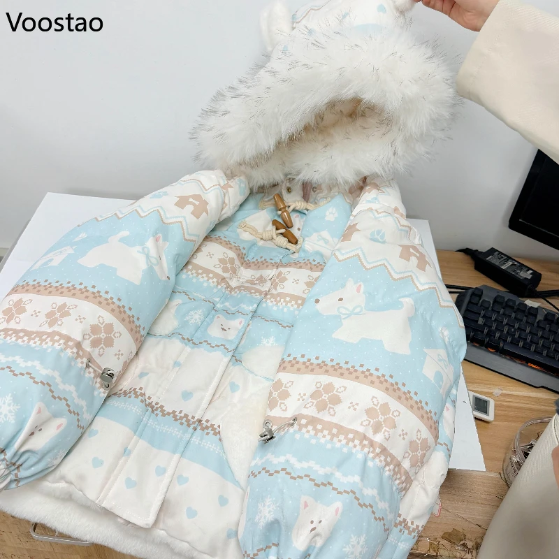 الخريف الشتاء Kawaii لوليتا نمط سترات المرأة الحلو لطيف الكرتون جرو طباعة وسادة مبطنة الفتيات الكورية الدافئة فضفاض معطف مقنع #6