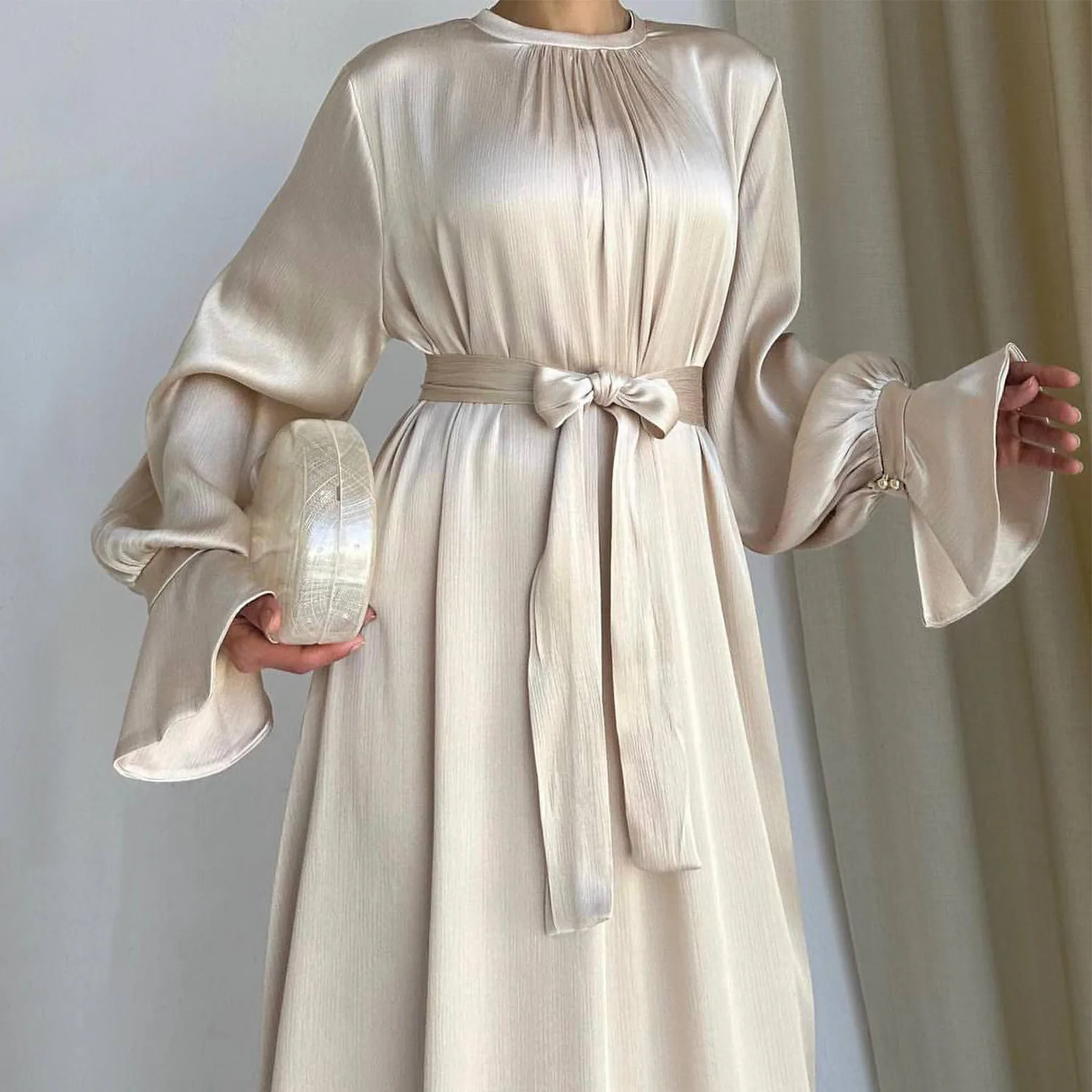 Summer Satin Abaya Hijab Muslim Wrap Dress Eid Mubarak Abayas for Women Dubai African Dresses Turkey Islam Modest Kaftan Robe