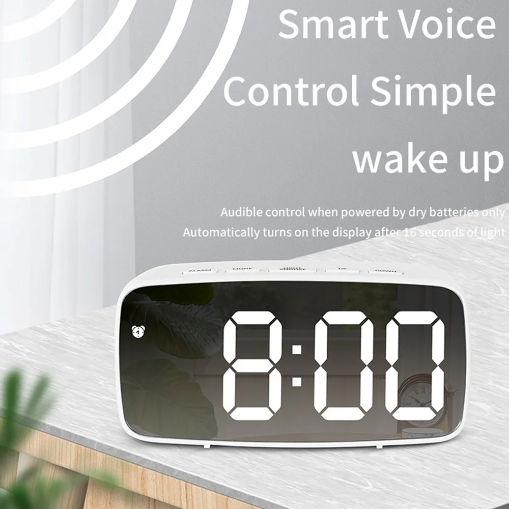 Acrylic Digital Alarm Clock Mirror LED Display Voice Control Temperature Calendar Snooze Function 12/24H Dual Alarms Home Decor