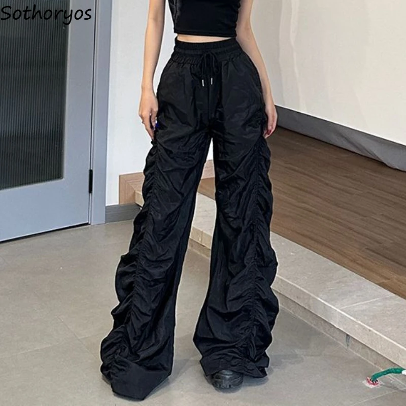 

Black Cargo Pants Women Harajuku Style Chic Folds American Streetwear High Waist Trousers Stylish Females Loose Hip Hop Teens