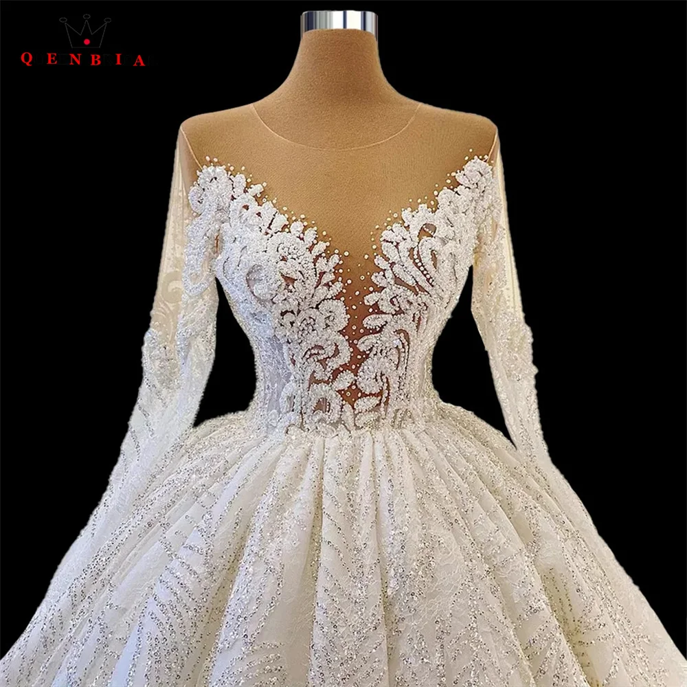 Custom Made Luxury Weddding Dresses Ball Gown Long Sleeve Sequin Tulle Lace Crystal Beading Luxury Formal Bridal Gowns SD24