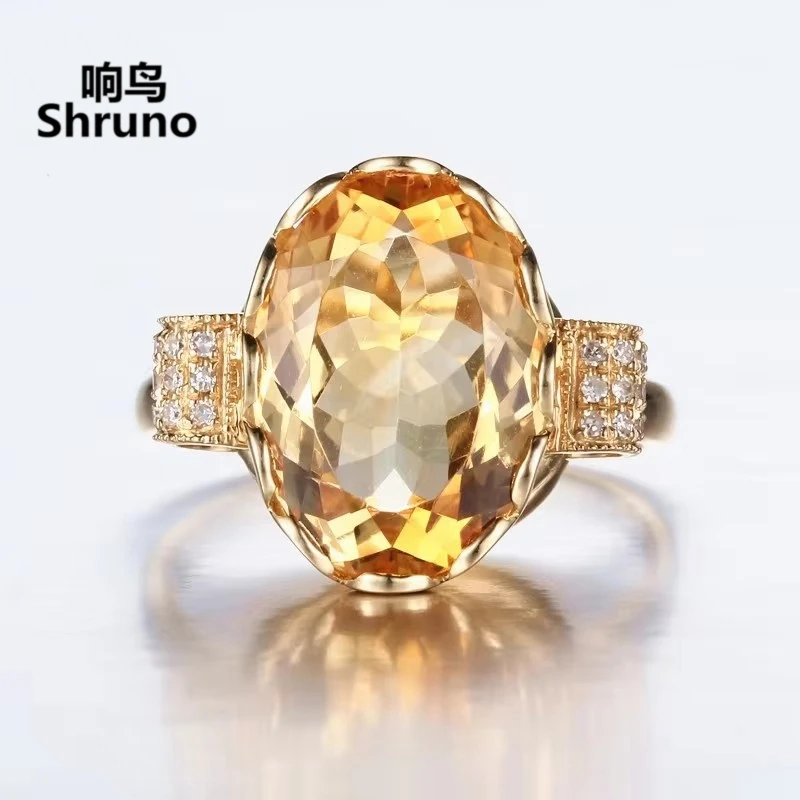 Shruno Solid 14K AU585 Yellow Gold Oval 10mmx14mm 5.5ct Natural Citrine Engagement Ring Women Real Diamonds Fine Jewelry