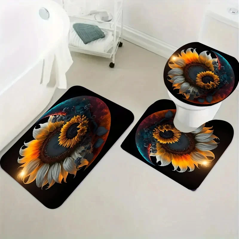 4pcs Space Moon Sunflower Shower Curtain Set with 12 Hooks - Vibrant Polyester Design, Black Background with Golden Sunflowe