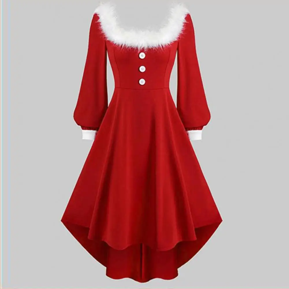 Women Party Dress A-line Dress Festive Christmas Performance Dress with Fluffy Square Neck Irregular Hem for Santa Cosplay