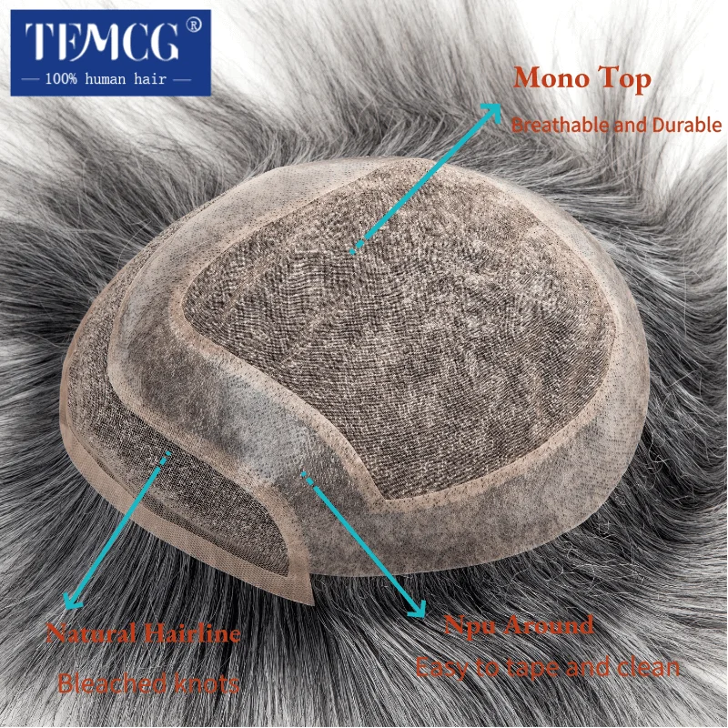 남성용 천연 할라인 레이스 프론트 가발, 모노 탑, 6 인치, 모세관 보형물, 내구성 100% 인모 가발, 버진 헤어