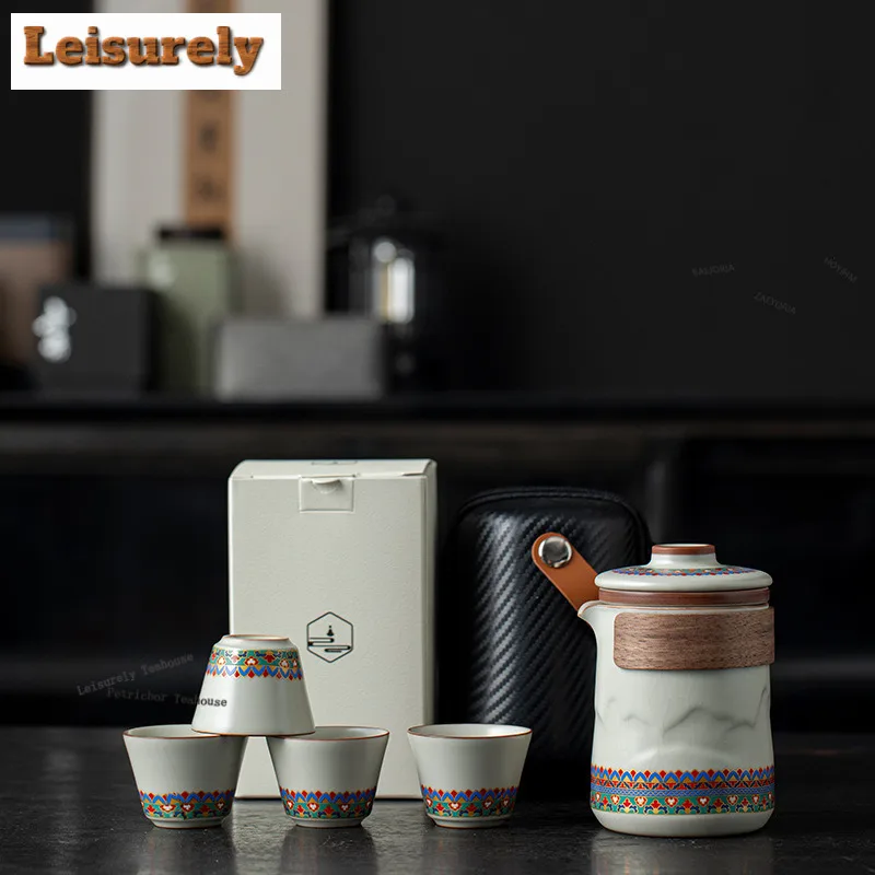 Dunhuang Mountain And Sea Ru Kiln Travel Tea Set Kit Traditional 1 Pot 4 Cups Tea Brewing Organizer Portable Outdoor Stock Bags