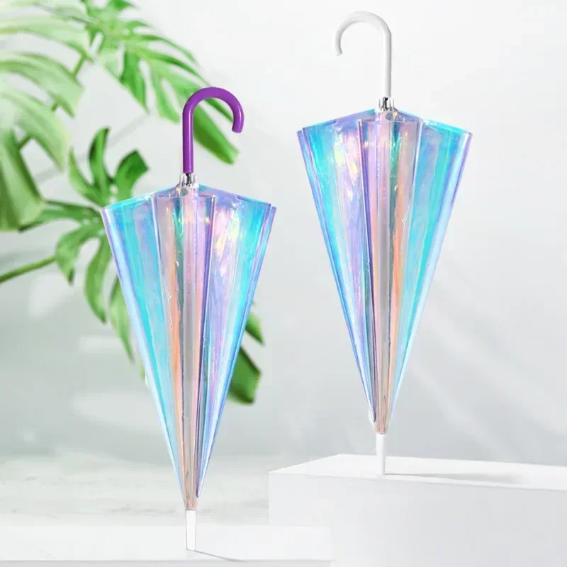 

Automatic curved handle transparent umbrella, small fresh girly colorful umbrella, fashionable iris colorful laser umbrella