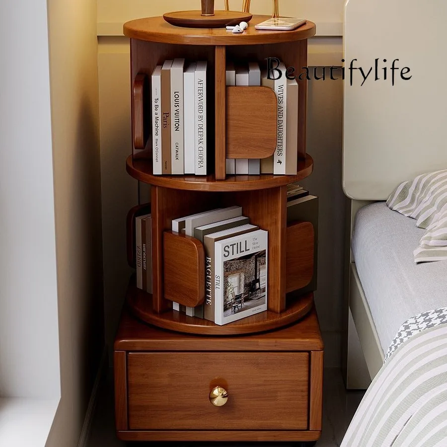 

Solid Wood Rotating Small Bookshelf Moving Wheels Bedroom Bookcase Simple Bedside Storage Rack