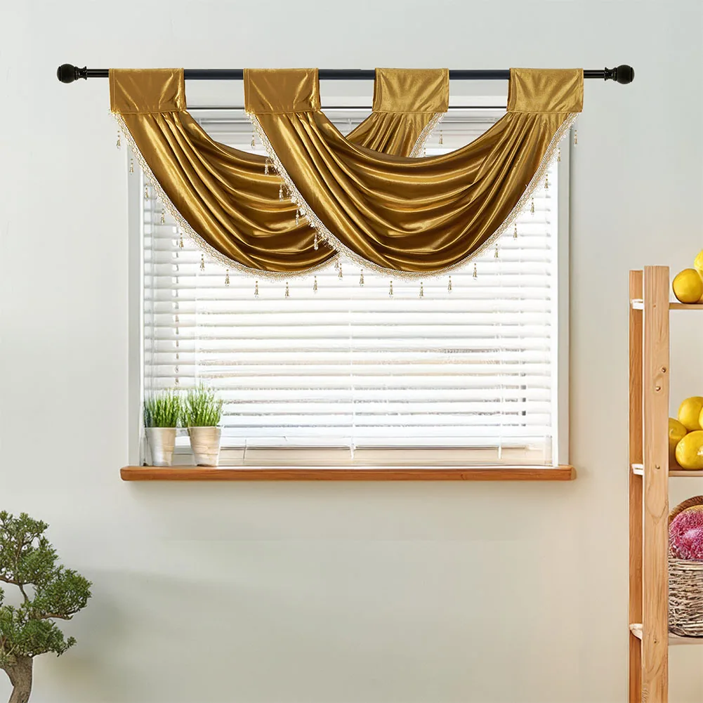 NAPEARL European Style Gold Curtain Valance with Tassel Short Curtain Rod Pocket Window Decor for Bay Window 1PC