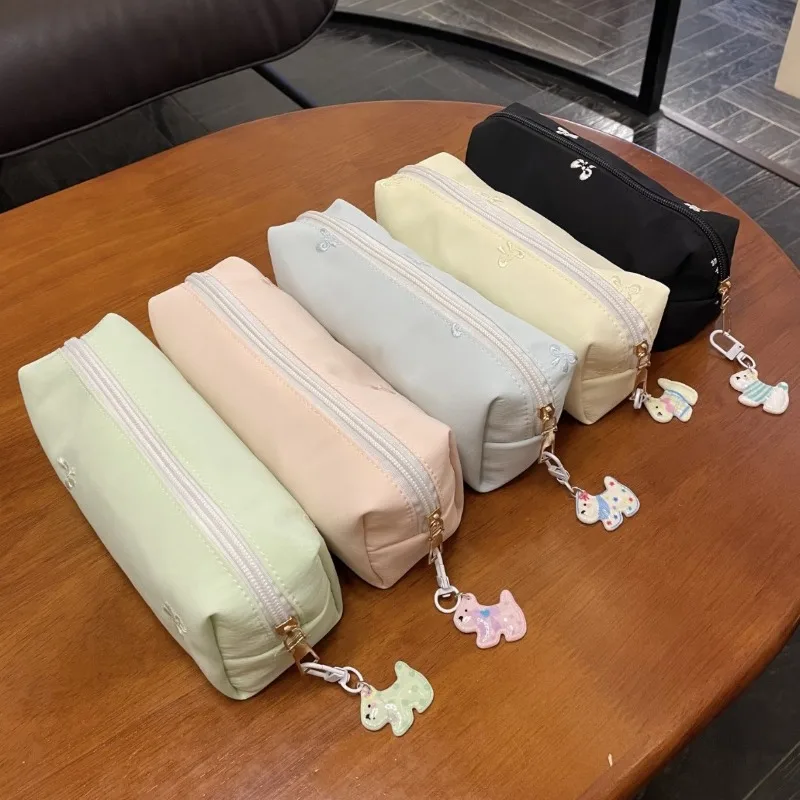 Macaron Color Bow Embroidery Pencil Case Makeup Brush Storage Bag Travel Portable Cosmetic Pouch for Girl Stationery Organizer